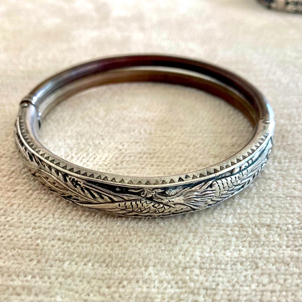 Antique Bamboo Bracelet with Silver Carved Detail